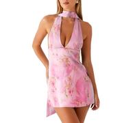 INLANDSIS Abito da donna con allacciatura al collo, con sciarpa, Y2k, sexy, senza schienale, in raso di seta per discoteca, Motivo stampato, L