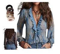INLANDSIS Camicetta vintage in chiffon con volant a mezza zip da donna a maniche lunghe con scollo a V stampa paisley Boho Casual Primavera Estate Qu, Blu, S