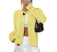 INLANDSIS Cardigan da donna in maglia pelosa a forma di cuore, a maniche lunghe, con bottone a cuore arcobaleno, tinta unita, accogliente, leggero, Giallo, S