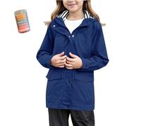 INLANDSIS Giacca antipioggia per bambini 2025, impermeabile, giacca a vento impermeabile, tinta unita, leggera, con cerniera, tasche con cappuccio a righe, blu navy, S