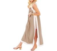 INLANDSIS Set da donna, 2 pezzi, blocco di colore boho, maxi abito senza maniche, pantaloncini abbinati, taglie forti con tasche laterali, cachi, S