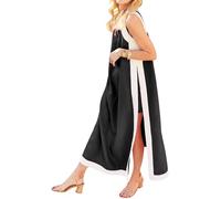 INLANDSIS Set da donna, 2 pezzi, blocco di colore boho, maxi abito senza maniche, pantaloncini abbinati, taglie forti con tasche laterali, Nero , XL