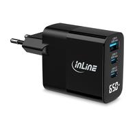 InLine Caricatore USB 3 porte, display digitale con consumo di energia attuale, 2 X USB-C + 1 X USB-A, GaN, 65 W, caricatore rapido, PD3.0, QC3.0, alimentatore per iPhone/Pro/Mini, Samsung e altro