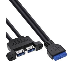 InLine Cavo USB 3.2 Gen.1 da 19 pin a 2 prese USB-A, adattatore interno per scheda madre da 5 Gb/s, montaggio con filettatura M3, 0,45 m, 33390 K