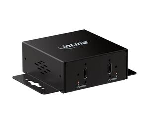 Inline Industriale USB-C Caricatore 2 Porte PD 200W 12-24V DC | 2 x USB-C fino a 100 W ciascuno, PPS, spina cava CC e morsettiera, alloggiamento in metallo, funzione di ricarica pura