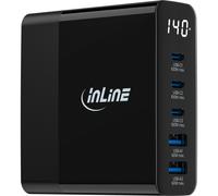 InLine Caricatore USB, 5 porte, display digitale con consumo di energia, 3 X USB-C + 2 X USB-A, GaN, 140 W, caricatore rapido, PD3.0, QC3.0, alimentatore per iPhone/Pro/Mini, Samsung e altro ancora,