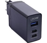 Inline TravelCharge 31516D - Alimentatore a 3 porte con tecnologia GaN, 2 X USB-C (PD3.0, PPS, QC4+), 1 X USB-A (QC3.0), adattatore da viaggio EU/UK/US, colore: Nero