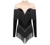 inlzdz Body da Pattinaggio Artistico Donna con Nappa Bodysuit Patchwork a Rete Strass Leotards Danza Classica Moterna Abito da Ballo Tango Latino Americano Nero L