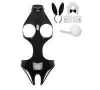 inlzdz Completo da Donna da Coniglietta Bodysuit in Pelle Set Costume di Cosplay 3 Pezzi Erotico Intimo Bodycon Sexy Hot per Sesso Colletto Cuffs Festa Halloween Nero C M