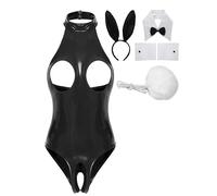inlzdz Completo da Donna da Coniglietta Bodysuit in Pelle Set Costume di Cosplay 3 Pezzi Erotico Intimo Bodycon Sexy Hot per Sesso Colletto Cuffs Festa Halloween Nero D S