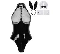 inlzdz Completo da Donna da Coniglietta Bodysuit in Pelle Set Costume di Cosplay 3 Pezzi Erotico Intimo Bodycon Sexy Hot per Sesso Colletto Cuffs Festa Halloween Nero M