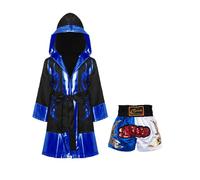 inlzdz Costume da Boxe da Bambini in Raso Costume Pugile Campione del Mondo Accappatoio con Cappuccio Cintura + Pantaloncini Abbigliamento Sportivo Arti Marziali Tipo 5 7-8 anni