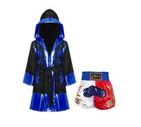 inlzdz Costume da Boxe da Bambini in Raso Costume Pugile Campione del Mondo Accappatoio con Cappuccio Cintura + Pantaloncini Abbigliamento Sportivo Arti Marziali Tipo 4 9-10 anni