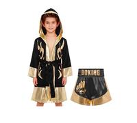inlzdz Costume da Pugile da Bambini Unisex Vestaglia da Boxe con Cappuccio e Cintura Boxing Robe + Pantaloncini Kick-Thai Muay Thai MMA Arti Marziali Tracksuit Oro nero C 13-14 anni