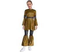 inlzdz Costume Disco per Ragazze Kids Shiny Plaid con Abito a Maniche Strette e Pantaloni Campana per Balli Disco e Cosplay Oro 5-6 anni
