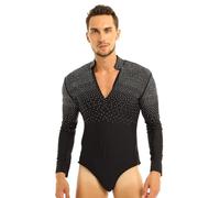 inlzdz Costumi Prestazioni Uomo Camicia da Latino Moderno Slim Fit Vestito con Strass Danza Uomo Body da Ballo Tango Samba Rumba Pratica Prestazione Nero L