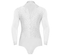 inlzdz Costumi Prestazioni Uomo Camicia da Latino Moderno Slim Fit Vestito con Strass Danza Uomo Body da Ballo Tango Samba Rumba Pratica Prestazione Bianco B M