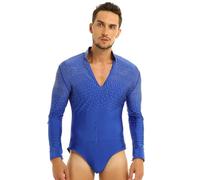 inlzdz Costumi Prestazioni Uomo Camicia da Latino Moderno Slim Fit Vestito con Strass Danza Uomo Body da Ballo Tango Samba Rumba Pratica Prestazione Royal_Blue L