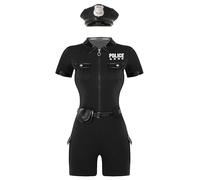 inlzdz Cotume Poliziotta Donna Costume da Ufficiale di Polizia Halloween Cosplay Suona per Adulti Vestito/Cappello/Distintivo/Cintura/Polsini/Manette Clubwear C Nero M