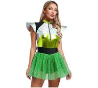 inlzdz Donna Costume da Alieno Extraterrestre Spazio Marziano Metallizzati Body da Danza Classica Tutu da Ballerina Ballo Costumi di Carnevale Halloween Verde XL