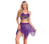 inlzdz Donna Costume da Danza del Ventre a Tema Indiano Orientale Paillette Top Reggiseno di Danza del Ventre e Gonna Abito da Ballo Jazz Samba Rumba Carnevale Viola Taglia unica