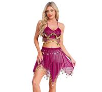 inlzdz Donna Costume da Danza del Ventre a Tema Indiano Orientale Paillette Top Reggiseno di Danza del Ventre e Gonna Abito da Ballo Jazz Samba Rumba Carnevale Rosa scuro Taglia unica