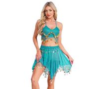 inlzdz Donna Costume da Danza del Ventre a Tema Indiano Orientale Paillette Top Reggiseno di Danza del Ventre e Gonna Abito da Ballo Jazz Samba Rumba Carnevale Azzurro chiaro Taglia unica