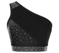 inlzdz Reggiseno da Danza del Ventre Donna Paillettes Crop Top Coto con Una Spalla Maglietta Senza Manica Canotta per Ballo Latino Danza Classica Spettacolo Nero L