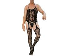 inlzdz Tuta Intera Uomo Body a Rete Trasparente Sexy Hot Cavallo Aperto Crossdresser Uomini Bodystocking Completo Intimo Erotico Leotard Maniche Lunghe Nightwear Clubwear Tipo C Taglia Unica