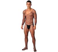 inlzdz Tuta Intera Uomo Body a Rete Trasparente Sexy Hot Cavallo Aperto Crossdresser Uomini Bodystocking Completo Intimo Erotico Leotard Maniche Lunghe Nightwear Clubwear Nero Taglia Unica