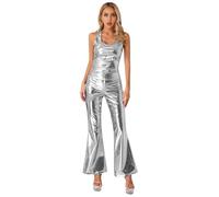 inlzdz Tuta Sportiva da Donna Metallizzata Lucida e Olografica Canotta Sexy Metallizzata Senza Manica e Pantaloni Svasati Completo per Spettacolo Discoteca Argento S