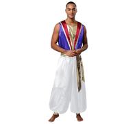 inlzdz Uomo Costume da Principe Arabo Oriente Sultano Tuta Araba Jumpsuit Senza Manica Costume da Genio Costumi in Maschera Halloween Carnevale Viola XL