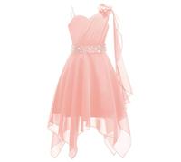 inlzdz Vestito da Principessa Bambina Costume da Damigella Ragazza Una Spalla Abito da Sera Lungo Vestito da Cerimonia Elegante Senza Maniche Gonna Lunga Tulle Compleanno Rosa 13-14 Anni