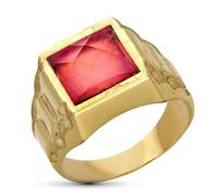 Inmaculada Romero IR Anello con sigillo in oro 9k cavo con una pietra rossa da 9 mm al centro e dettagli laterali