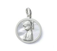 Inmaculada Romero IR Medaglia della Vergine Maria in argento sterling 925, 19 mm, per la Prima Comunione, con sfondo in madreperla e bordo liscio.