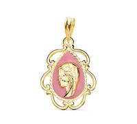 Inmaculada Romero IR Medaglia della Vergine Maria per la Prima Comunione in oro 18k, 22 mm, con smalto rosa traforato.
