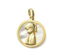 Inmaculada Romero IR Medaglia per la Prima Comunione in argento sterling 925 con al centro la Vergine Maria bambina, 18 mm, fondo madreperla