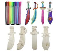 INNAL 16 Pezzi Spade Pirata in Legno con 12 Penne Colorate,Legno Pirate Sword Craft,Pirate Sword per la Pittura,Piràte Sword Decorazione in Lègno,Pirate Sword Craft Kit per DIY Bambini Pittura