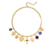 INNERDIVA Collana con croce in oro grosso per donne, 9 ciondoli alla moda con croce con pietre preziose blu e cuori fantasia collana gioielli regali