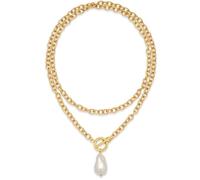 INNERDIVA Collana da donna placcata in oro 14 K con ciondolo grosso | Collana lunga con ciondolo a forma di croce, cuore e perle, alla moda, elegante, da indossare tutti i giorni