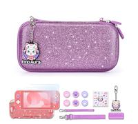 InnoAura - Custodia per Switch Lite, set di accessori 15 in 1 con custodia per il trasporto, pellicola proteggi schermo, custodia per gioco e tappi per pollice a forma di gatto (rosa glitterato)