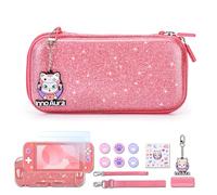 InnoAura - Custodia per Switch Lite, set di accessori 15 in 1 con custodia per il trasporto, pellicola proteggi schermo, custodia per gioco e tappi per pollice a forma di gatto (rosa glitterato)