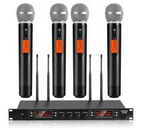 innopow Sistema di microfoni wireless a 4 canali, set di microfoni cordless Dual UHF in metallo, scansione automatica, lungo raggio da 200 a 60 m, 16 ore di utilizzo per karaoke, chiesa (WM500)