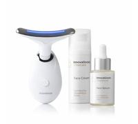 InnovaGoods - Confezione massaggiatore viso elettrico rassodante per viso e collo con LED, EMS e calore, siero viso Kombucha Vibeboost 30 ml e crema viso idratante Kombucha Vibecare 50 ml
