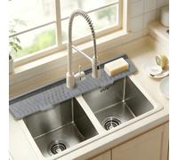 Innovativo paraschizzi in silicone per rubinetto con design inclinato auto-drenante, tappetino antiscivolo con texture ondulata per lavandino, protezione grigia per il piano di lavoro, porta sapone e 