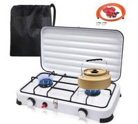 Inoamity Fornello Gas GPL da Campeggio Portatile 2 Fuochi, 4,4kW con Accensione Automatica, Controllo Temperatura,Compatto per Escursioni, BBQ e Viaggi in Camper - Kit Completo con Tubo e Regolatore