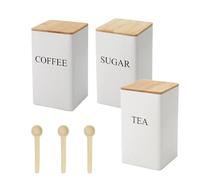 inodiref 3 Pezzi Bianco Barattolo Caffè Coffee Contenitore Caffè Squadrato Porta Zucchero Squadrato Con Coperchio in Bamboo e Cucchiaio Barattolo Zucchero Adatto per Caffè Zucchero Sale