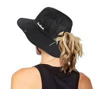 INOGIH Cappello da pesca da spiaggia a tesa larga da donna, protezione dai raggi UV, con foro per coda di cavallo - nero - Taglia unica