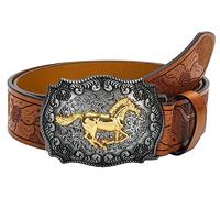 INOGIH Cintura da uomo con fibbia in pelle, stile cowboy, con corno, toro, floreale, incisa, fibbia, per jeans, vita da 83,8 cm a 106,7 cm, Cavallo-marrone, For Waist 34''- 39''