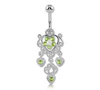 Inoki - Banana per ombelico argento snodato con cristalli austriaci Royal Heart - Spessore 1.6 mm, Lung. int. 10 mm, Palla 5 mm - Pistacchio